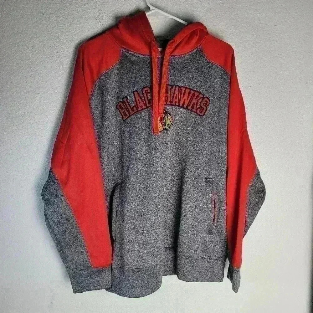 NHL Chicago Blackhawks Pullover Stiched Logo Hoodie Gray Red Mens Large